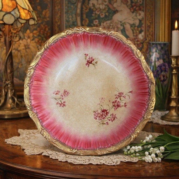Other - Antique Pink Floral Plate Gold Gilt Rim Victorian Art Nouveau Charger
